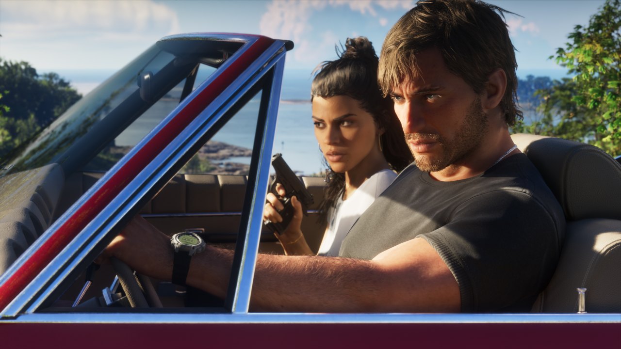 Jason and Lucia riding through Vice City in a convertible