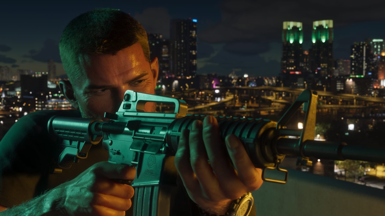 Jason taking aim with a rifle in Grand Theft Auto VI
