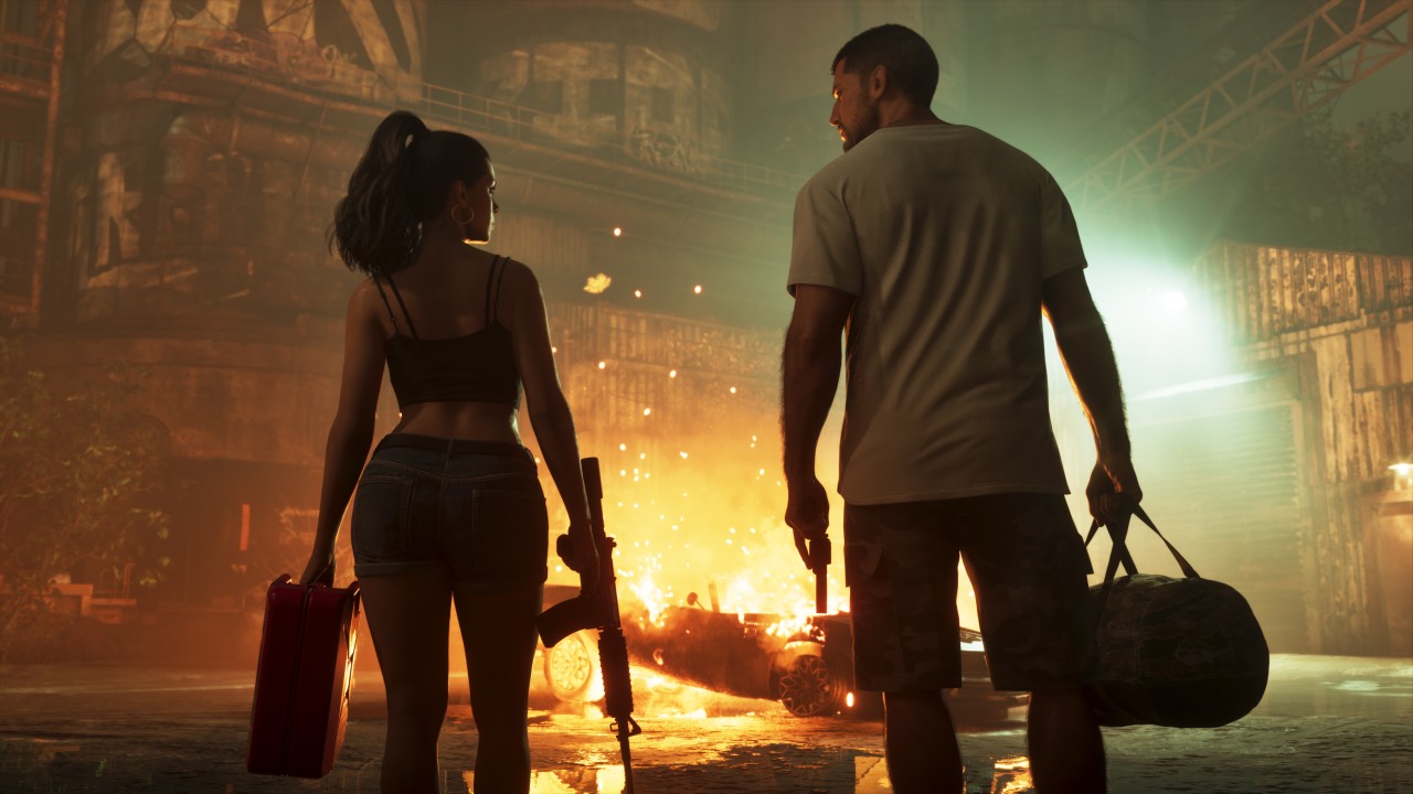 Jason and Lucia walking from a burning car