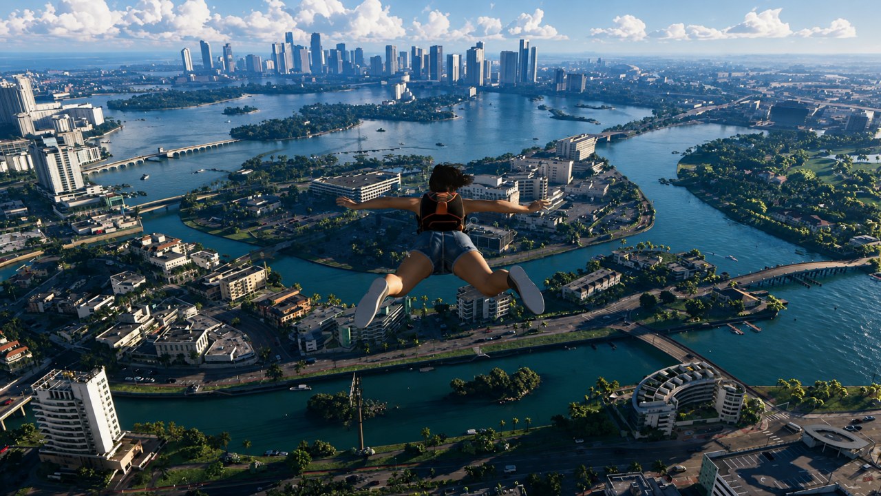 Lucia skydives over Vice City in Grand Theft Auto VI
